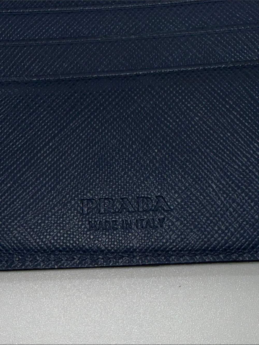 Prada Navy Saffiano Leather Money Clip Wallet with Gold Logo
